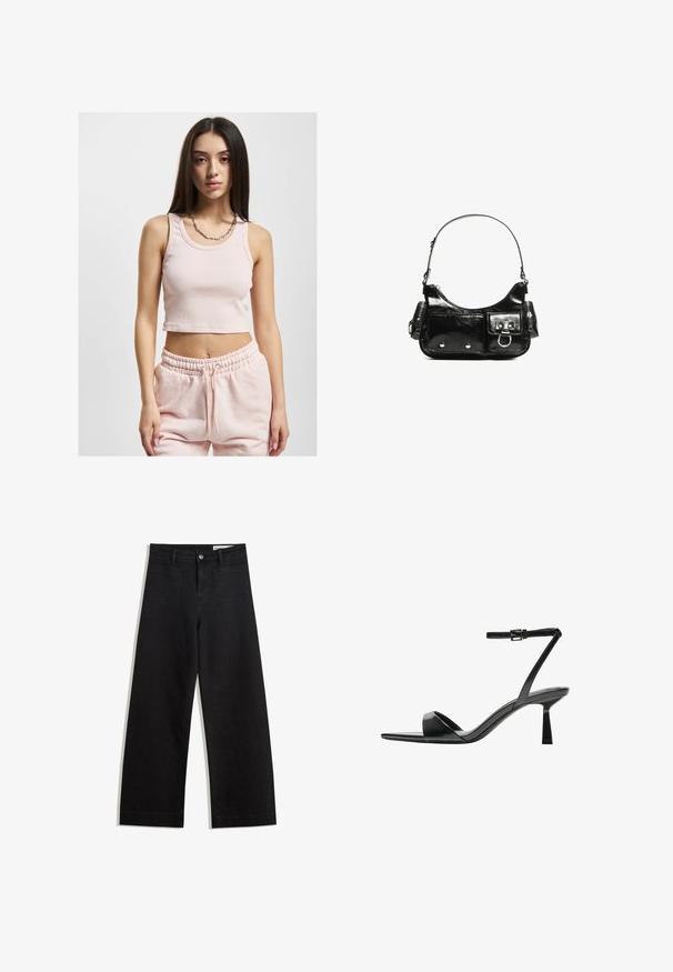 Jasnoróżowy krótki top na ramiączkach z prążkowanej tkaniny, z szerokimi ramiączkami i okrągłym dekoltem, w połączeniu z dopasowanymi dresami.; Czarne dżinsowe spodnie o szerokich nogawkach i wysokim stanie, z przednimi i tylnymi kieszeniami, przeszyciami oraz zapięciem na guziki. Gładka struktura.; Bershka - Sandały na obcasie; Czarna torebka z lakierowanej skóry o zaokrąglonym kształcie, z jednym paskiem na ramię, przednimi kieszeniami i akcentami w kolorze srebrnym.