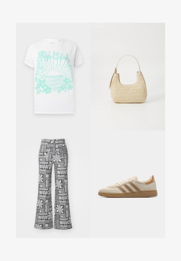 Hvid t-shirt med korte ærmer og turkistryk af en solnedgang over havbølger, palmetræer, hibiscusblomster og "Rip Curl" tekst.; Sorte og hvide flagrende bukser med et geometrisk blomstermønster. Lavet af letvægtsstof med en glat tekstur.; Beige ruskindsneaker med lysebrune detaljer. Har tre brune striber, struktureret gummisål og et rundt tå-design.; Vævet stråhåndtaske i beige med en buet form, en kort håndtag og en sidelomme med lynlås. Har tekstureret overflade og minimalistisk design.