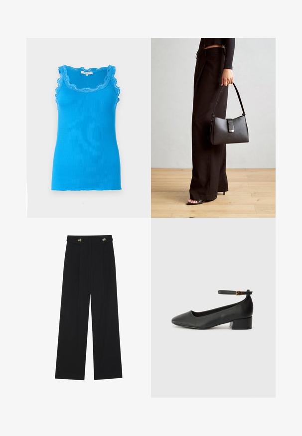 Top de alças azul com rigas e acabamento de renda com babados ao longo do decote e das cavas, apresentando uma forma ajustada e uma textura suave.; Calças largas pretas com cintura alta, detalhes em botão na cintura e pregas frontais.; Sandal de pele preta com bico pontiagudo e um salto bloco baixo. Apresenta uma tira no tornozelo com uma fivela em tom dourado. Textura suave.; Bolsa preta com forma estruturada, textura suave e um fecho metálico. Combinada com calças largas pretas e sandálias de salto aberto sobre um chão de madeira.