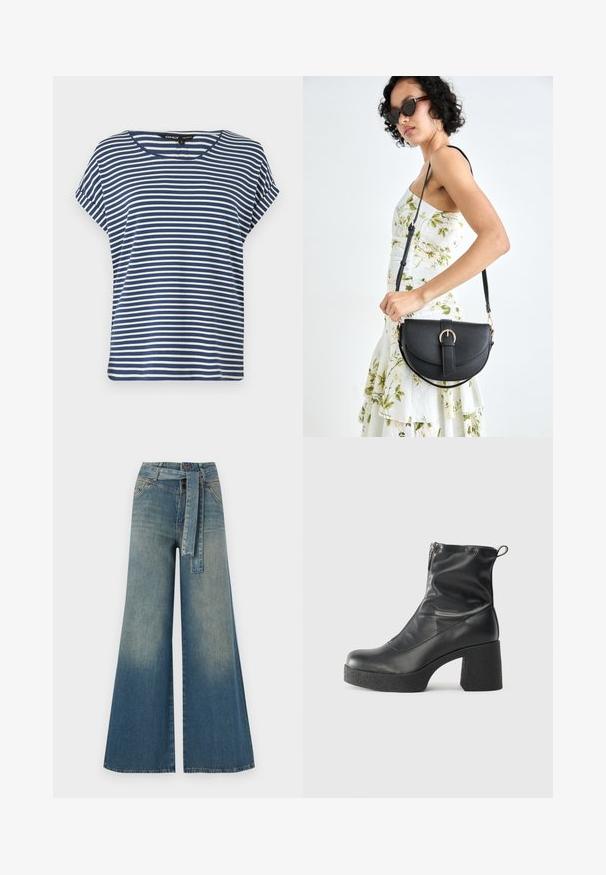 Modrý a bílý pruhovaný krátkosrstý top s kulatým výstřihem, vyrobený z měkké látky, s uvolněným střihem a mírnými bočními rozparky na lemu.; Džínové kalhoty širokého střihu s přechodem od světlé k tmavě modré, vysokým pasem, poutky na opasek a odpovídajícím opaskem ze stejného materiálu. Texturovaná džínovina.; Černé kotníkové boty vyrobené z hladké kůže, s bočním zipem, robustním strukturovaným podpatkem a kulatou špičkou.; Černá kožená kabelka s křivkovým tvarem, odnímatelným popruhem a zlatými detaily. Kabelka má klopu s přezkou.