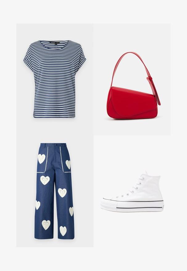 Sinine ja valge triibuline lühikeste varrukatega pluus ümmarguse kaelusega, valmistatud pehmest kangast, millel on lõdvestatud lõige ja kergelt külgedelt lõhikud helmel.; Sister Jane HEART TO HEART - Straight leg -farkut - blue denim; Valkoiset korkeavartiset kangaskengät mustalla kumipohjalla, edessä kuminen varvasosa ja kuusi nauha-aukkoa, puhtaan minimalistisella muotoilulla.; Punainen nahkalaukku, jossa on kulmikas, geometrinen muotoilu. Varustettu yhdellä säädettävällä hihnalla ja läpällä, jossa on ommeltu yksityiskohtia.