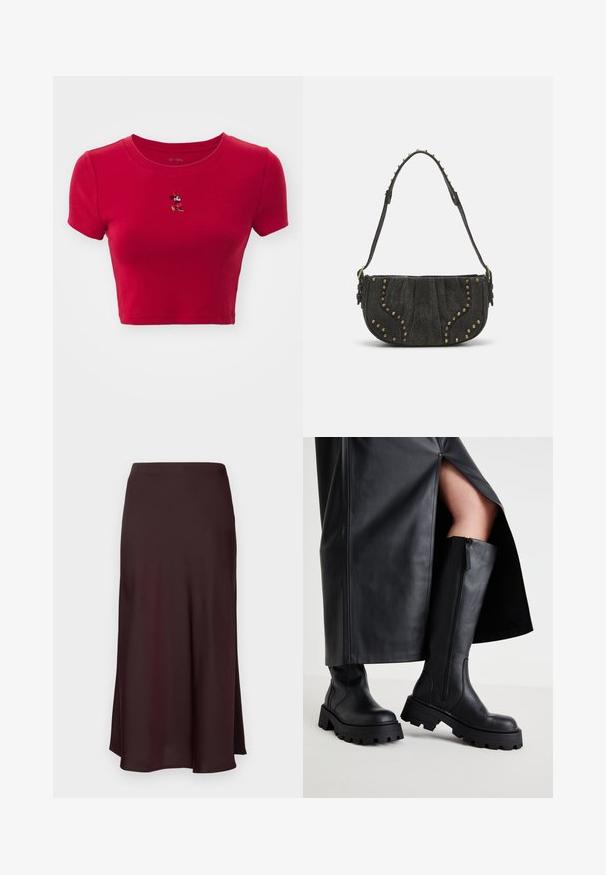 GAP - T-shirt z nadrukiem; Burgundowa satynowa spódnica midi o gładkiej fakturze, prostym kroju i lekko rozkloszowanym dole. Bez widocznych wzorów ani elementów metalowych.; Czarne kozaki do kolan z grubą podeszwą, gładką teksturą skóry, bocznym zamkiem i minimalistycznym designem, zestawione z czarną spódnicą z rozcięciem.; Czarna skórzana torebka z zaokrąglonym kształtem, z elementami nitowymi i teksturowaną powierzchnią. Regulowany pasek z detalami w postaci ćwieków wzdłuż brzegu.; Złote kolczyki w kształcie cienkich okrągłych obręczy, o gładkim metalicznym wykończeniu, bez zdobień czy wzorów.