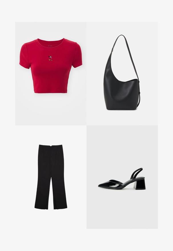 GAP TEE - Potiskana majica - red; Črne hlače ravnega kroja z naglavnimi žepi in stranskimi razporki na robu. Narejene iz mehke, gladke tkanine. Primerne za različne priložnosti.; Črne lakirane slingback pete s koničastim nosom in geometrijsko blokasto peto. Imajo eleganten, minimalističen dizajn in gladko teksturo.; Črna usnjena hobo torba z gladko teksturo, ukrivljeno obliko in eno nastavljivo naramnico; ima širok odprtina na vrhu.