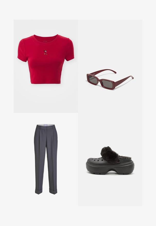 GAP TEE - T-Shirt print - red; Dunkelgraue Tailor-Hosen mit geradem Bein, gefalteter Vorderseite und umgeschlagenen Säumen. Hergestellt aus glattem Stoff und mit einem klassischen Bund versehen.; Schwarze Clogs mit einem weichen, plüschigen Oberband, das an der Vorderseite mit Perforationen versehen ist und eine strukturierte Ferse für besseren Halt aufweist. Leicht und im Slip-On-Design.; Burgunderfarbene rechteckige Sonnenbrille mit dunklen Gläsern, dicken Fassungen und schmal zulaufenden Bügeln. Hergestellt aus glänzendem Kunststoff mit glatter Textur.; Burgunderfarbene Lederhandtasche mit goldener Schnalle, strukturierte Form, Obergriff und verstellbarer Schulterriemen. Modell trägt eine Jeansjacke.