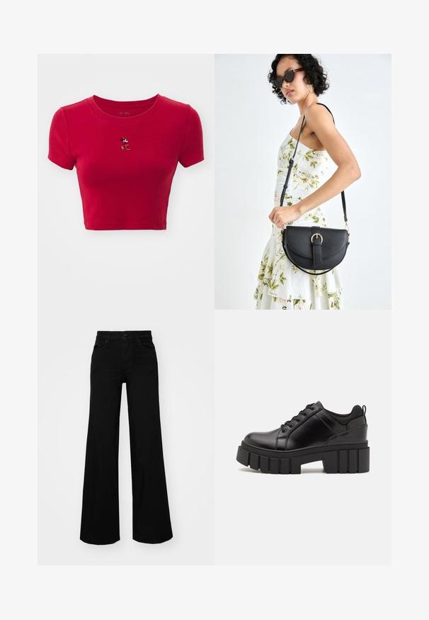 GAP TEE - Tricou cu imprimeu - red; Pantaloni negri cu picioare largi, din denim, cu un brau structurat, bucle pentru curea și buzunare frontale. Textură netedă, cu un design clasic.; Pantofi cu talpă plată din piele neagră, cu toc gros, vârf rotund și design tradițional cu șireturi. Prezintă o textură netedă și detalii minime.; Geantă din piele neagră, cu o formă curbată, curea detașabilă și accesorii aurii. Geanta are un capac cu un detaliu tip cataramă.