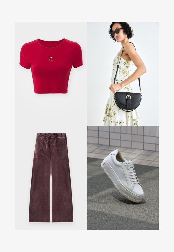 GAP TEE - Tricou cu imprimeu - red; Pantaloni evazați din catifea de tip corduroy, de culoare mauve intensă, cu talie elastică, închidere cu șnur și două buzunare mari în față.; Adidași din piele albă cu un design low-top, șireturi plate, vârf rotund și laturi texturate. Talpă groasă din cauciuc cu accente subtile.; Geantă din piele neagră, cu o formă curbată, curea detașabilă și accesorii aurii. Geanta are un capac cu un detaliu tip cataramă.