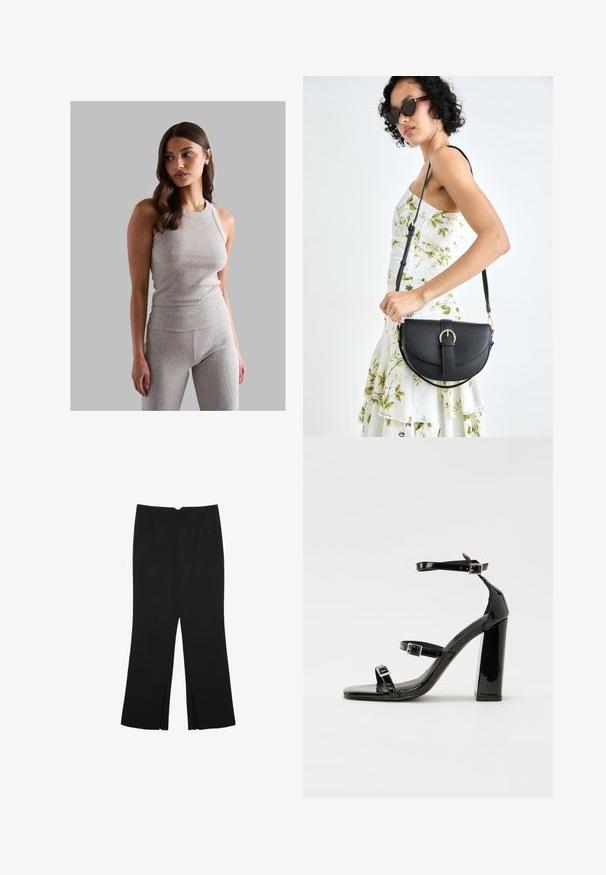 Siv modr riban top z okroglo izrezom, v kombinaciji z usklajenimi hlačami z visokim pasom, ki imajo gladko teksturo in prilegajoč dizajn.; Črne hlače ravnega kroja z naglavnimi žepi in stranskimi razporki na robu. Narejene iz mehke, gladke tkanine. Primerne za različne priložnosti.; Črne lakirane sandale s peto, kvadratnim prstom, trakovi okrog gležnja in srebrnimi zaponkami. Opremljene so s stabilno Debelo peto.; Črna usnjena torbica s ukrivljeno obliko, z odstranljivo naramnico in zlatimi dodatki. Torbica ima pokrov s podrobnostmi v obliki zaponke.