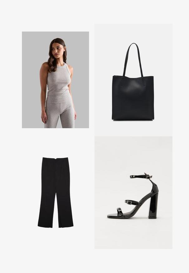 Siv modr riban top z okroglo izrezom, v kombinaciji z usklajenimi hlačami z visokim pasom, ki imajo gladko teksturo in prilegajoč dizajn.; Črne hlače ravnega kroja z naglavnimi žepi in stranskimi razporki na robu. Narejene iz mehke, gladke tkanine. Primerne za različne priložnosti.; Črne lakirane sandale s peto, kvadratnim prstom, trakovi okrog gležnja in srebrnimi zaponkami. Opremljene so s stabilno Debelo peto.; Črna usnjena torba s svilnato teksturo, pravokotne oblike in dvema dolgima ročajema. Brez vidnih metalnih delov ali okrasnih elementov.
