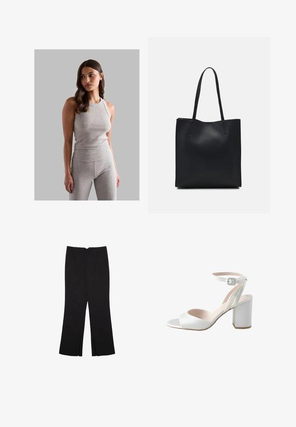 Šedý žebrovaný top na ramínka s kulatým výstřihem, v kombinaci s odpovídajícími legíny s vysokým pasem, které mají hladký povrch a přiléhavý střih.; Černé kalhoty s rovným střihem, s předními kapsami a bočními rozparky na lemu. Vyrobené z jemné, hladké tkaniny. Vhodné na různé příležitosti.; Bílé sandály na vysokém podpatku s lesklým saténovým svrškem, širokým blokovým podpatkem a kotníkovým páskem s malou sponou. Hladký povrch, minimalistický design.; Černá kožená taška přes rameno s hladkým povrchem, obdélníkovým tvarem a dvěma dlouhými uchy. Žádné viditelné kování ani ozdoby.