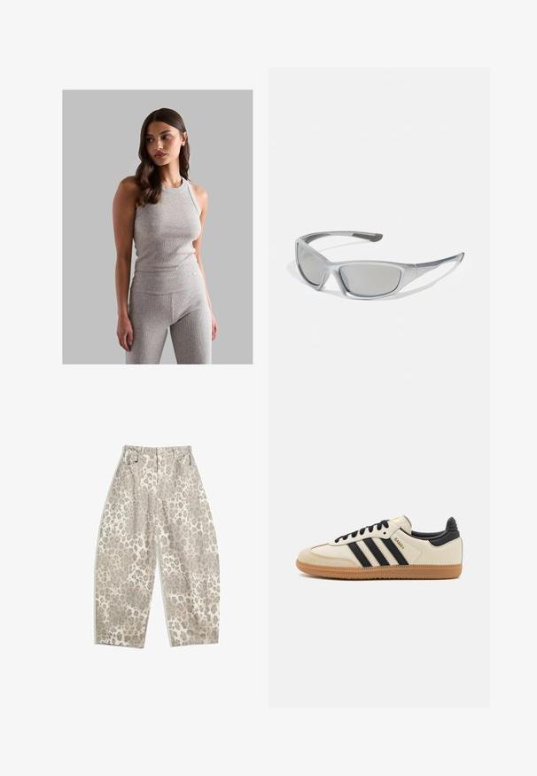 Grijze geribbelde tanktop met een ronde halslijn, gecombineerd met bijpassende high-waisted leggings, met een zachte textuur en een aansluitend ontwerp.; Leopardprint broek in een lichtbeige kleur, met een hoge taille, brede pijpen en twee voorkruiszakken. Gemaakt van een soepel materiaal.; Beige sportieve schoen met zwarte strepen, gumrubberen zool en zwarte accenten. Beschikt over een gladleren bovenkant en een ronde neusdesign.; Grijze zonnebril met een slank, lichtgewicht kunststof montuur. Beschikt over getinte grijze lenzen en textuuraccenten aan de zijkanten voor extra grip.; Zwarte en zilveren adidas-handtas met een gladde textuur, voorzien van een glanzend gestofd patroon en een onderscheidend gebogen ontwerp.