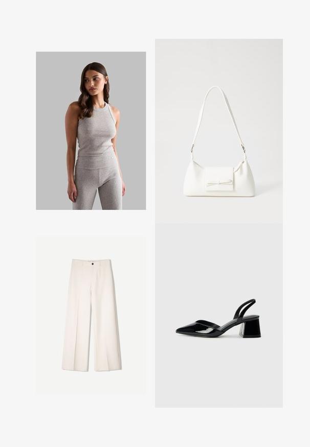 Szürke bordázott ujjatlan felső kerek nyakrésszel, hozzáillő, magas derekú leggings-szel, sima textúrával és testhezálló fazonnal.; Tejbézs széles lábú nadrág, szabott kialakítással, két elülső zsebbel és egyetlen elülső gombos záródással, sima anyagból készült.; Fekete lakk bőr szandálkés magas sarkú cipő, hegyes orral és geometrikus tömbsarkakkal. Karcsú, minimalista dizájn és sima textúra jellemzi.; Fehér szintetikus kézitáska, háromszög alakú, lapos előlap, masni részlettel, állítható pánttal, sima textúrával és minimalista dizájnnal.