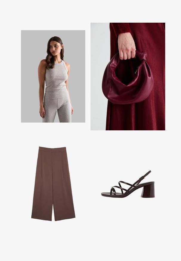 Sivi rebrasti top bez rukava s okruglim izrezom, u kombinaciji s visokim tajicama iste boje, koje imaju glatku teksturu i pripijeni dizajn.; Smeđe hlače širokog kroja s glatkom teksturom, koje imaju visok struk i nabore sprijeda. Tkanina je lagana i slobodno se kreće.; Smeđe sandale na visokoj potpetici s debelom potpeticom, s glatkim, sjajnim završetkom i višestrukim ukrštanjem trakica na gornjem dijelu.; Bordo kožni ruksač s mekim, naboranim dizajnom i zaobljenim oblikom. Ručka je sigurno pričvršćena, pokazujući glatku teksturu.