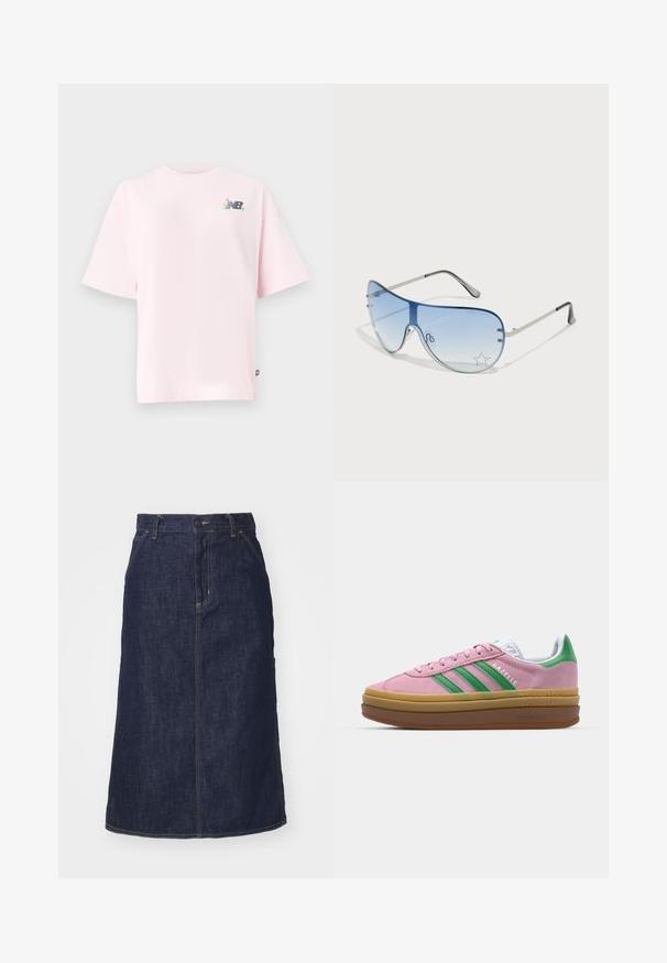 Kortermet t-skjorte med rund hals i lyserosa bomull, med en fargerik New Balance-logo på venstre bryst. Regular fit, myk tekstur.; Mørk denimskjørt med høy midje, rett snitt, frontlommer og sømmer. Har glidelås og knappeåpning i midjen.; Rosa semskede sneakers med grønne striper, hvite detaljer og en brun gummisåle. Har teksturert stoff og logodetaljer på siden.; Pilotbriller med gradient blå linse, sølvfarget metallramme og dekorative stjerneaksenter på linsen. Glatt og stilren design.