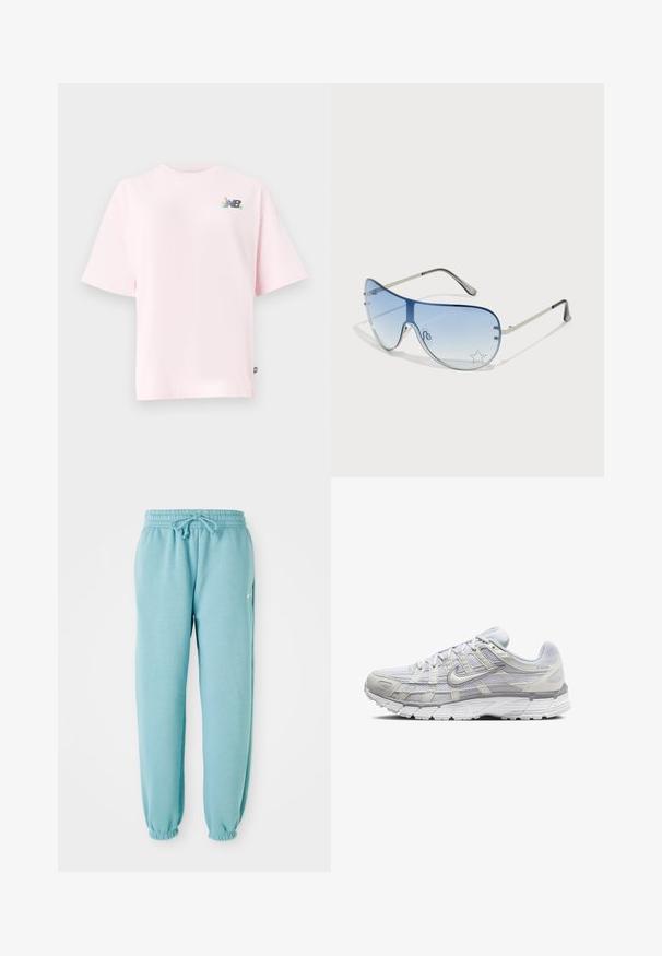 Lühikeste varrukatega, ümar kaelusega t-särk helesinises puuvillas, millel on vasakul rinnal värviline New Balancei logo. Tavaline lõige, pehme tekstuur.; Heledad sinised dressipüksid, mis on valmistatud pehmest kangast, millel on elastne vöökoht, nöörikujundus ja elastsed mansetid pahkluudel. Küljel väike logo.; Heledad hallid spordijalatsid, millel on sidesilmustega ja sünteetilisest ülemisest osa, pehme krae ning tekstuuriga põhi, mis tagab haarduvuse.; Aviatori prillid, millel on gradient sinine objektiiv, hõbedane metallraam ja dekoratiivsed staaraktsendid objektiivil. Sujuv ja stiilne disain.