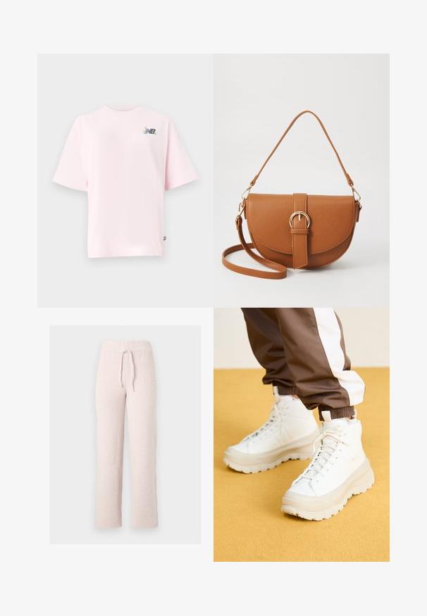 T-shirt de manga curta, com gola redonda, em algodão rosa claro, apresentando um logo colorido da New Balance no lado esquerdo do peito. Corte regular, textura suave.; Pantalones de pijama felpudos em rosa claro, com superfície texturizada, cintura elástica e cordão ajustável. Corte reto, tecido suave.; Ténis brancos de cano alto com uma sola grossa e texturizada, apresentando um cabedal liso, bico redondo e atacadores tonalizados, sobre um fundo amarelo.; Bolsa transversal de couro castanho com um formato curvado, ferragens douradas e um detalhe de fivela. Inclui uma alça de ombro destacável.