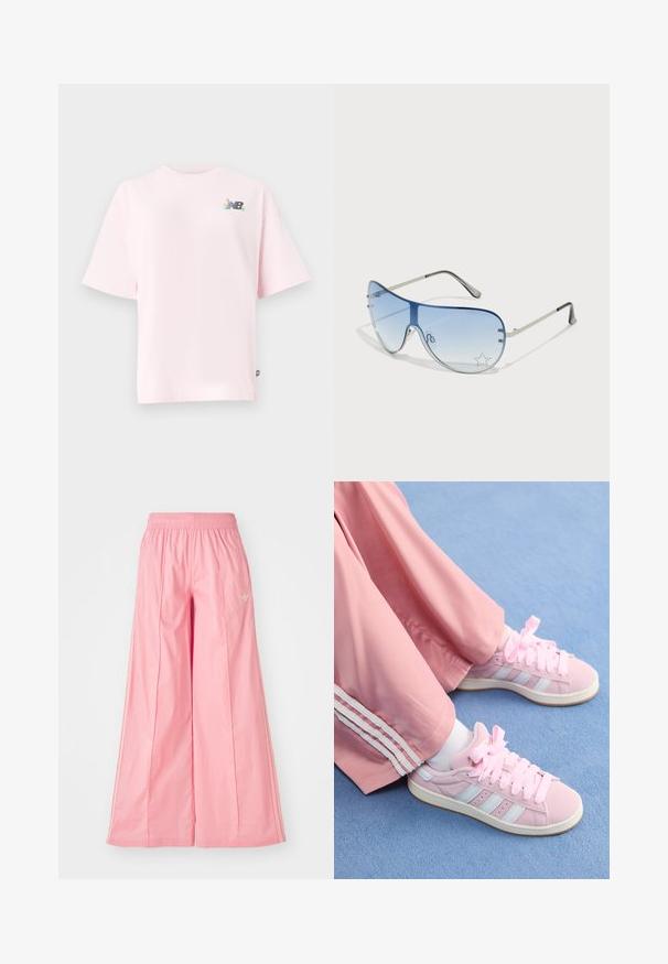 Camiseta de manga corta y cuello redondo en algodón rosa claro, con un colorido logotipo de New Balance en el lado izquierdo del pecho. Corte regular, textura suave.; Pantalones de pierna ancha en color rosa, hechos de un tejido ligero, con una cintura elástica y sutiles rayas blancas en los laterales. Pequeño logotipo en la parte delantera.; Zapatillas deportivas rosas con rayas azul claro, puntera redonda y cordones gruesos rosas, combinadas con pantalones de chándal rosas que tienen rayas laterales blancas.; Gafas de sol tipo aviador con lentes azul degradado, montura de metal plateado y acentos decorativos de estrellas en los lentes. Diseño suave y elegante.