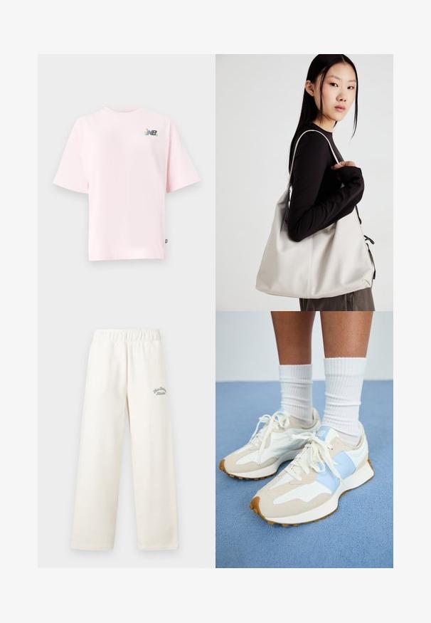 Korte mouwen, ronde hals t-shirt in lichtroze katoen, met een kleurrijk New Balance-logo op de linkerborst. Regular fit, zachte textuur.; Crème kleurige wijde broek gemaakt van zacht materiaal met een elastische tailleband. Heeft subtiele groene geborduurde tekst aan de voorkant.; Lichte sneakers met een beige en lichtblauw ontwerp. Bevatten suède en mesh materialen, witte veters en een gestructureerde gumrubberen zool.; Beige handtas gemaakt van zacht materiaal, met een slonzig ontwerp, gestikte details en twee schouderbanden. Geschikt voor dagelijks gebruik.