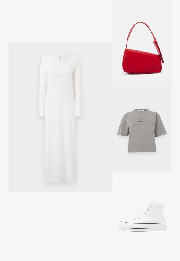 Gray cotton t-shirt with short sleeves, a crew neckline, and a front logo reading "GPH STUDIOS" in black. Relaxed fit design.; Long-sleeved white dress with a lace pattern, V-neckline, flowing shape, and textured fabric, reaching ankle-length.; White high-top canvas sneaker with black rubber sole, front rubber toe cap, and six eyelets for laces, featuring a clean, minimalist design.; Red leather handbag with an angular, geometric design. Features a single adjustable strap and a flap closure with stitched detailing.