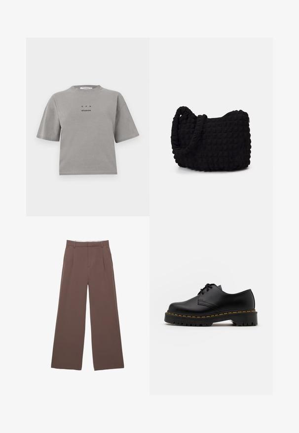 Grå bomulds t-shirt med korte ærmer, rund halsudskæring og en frontlogo med teksten "GPH STUDIOS" i sort. Afslappet pasform.; Breddebukser i en ensfarvet brun stof, med en glat tekstur, frontfald og en skræddersyet talje. Ingen synlige logoer eller mønstre.; Sort læder snøresko med en rund tå, tekstureret gummisål og gule stikninger omkring bunden. Flad design og glat finish.; Sort stofpose med en struktureret, quilted mønster. Rund form, korte, tykke håndtag, og en blød, fleksibel struktur.