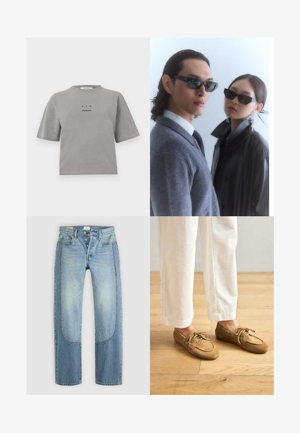 Gray cotton t-shirt with short sleeves, a crew neckline, and a front logo reading "GPH STUDIOS" in black. Relaxed fit design.; Light blue denim jeans with a straight, loose fit, featuring contrasting panel details and a five-pocket design. Button fly closure.; Brown suede boat shoes with laces, featuring a rounded toe and stitched accents. Worn with white corduroy pants in a wooden setting.; Sunglasses with angular black frames on model with a gray sweater, showcasing textured knit and a black leather jacket worn by another model.