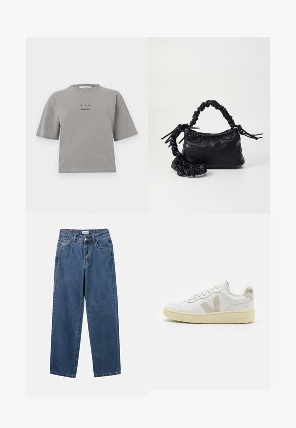 Halli puuvillane T-särk lühikeste varrukatega, ümmargune kaelus ja ees prinditud logo "GPH STUDIOS" mustas värvitoonis. Loodud mugavaks istuvuseks.; Klassikalised sinised denimists teksad otsejalaga disainiga, viie taskuga ja nööbisuletusega. Omab keskmist pesu ja tugevat tekstuuri.; Valge nahast tenniseking, millel on beežist siidist aktsent ja aukudega varvas, lame paelad ja tekstureeritud koorevärvi tallad. Omab nüansirikast brändimist kannal.; Must must sünteetilisest nahast käekott, millel on krokodillimuster, kokku tõmmatav ülaosa ja kortsus rihm. Tundub pehme ja kompaktne disain.