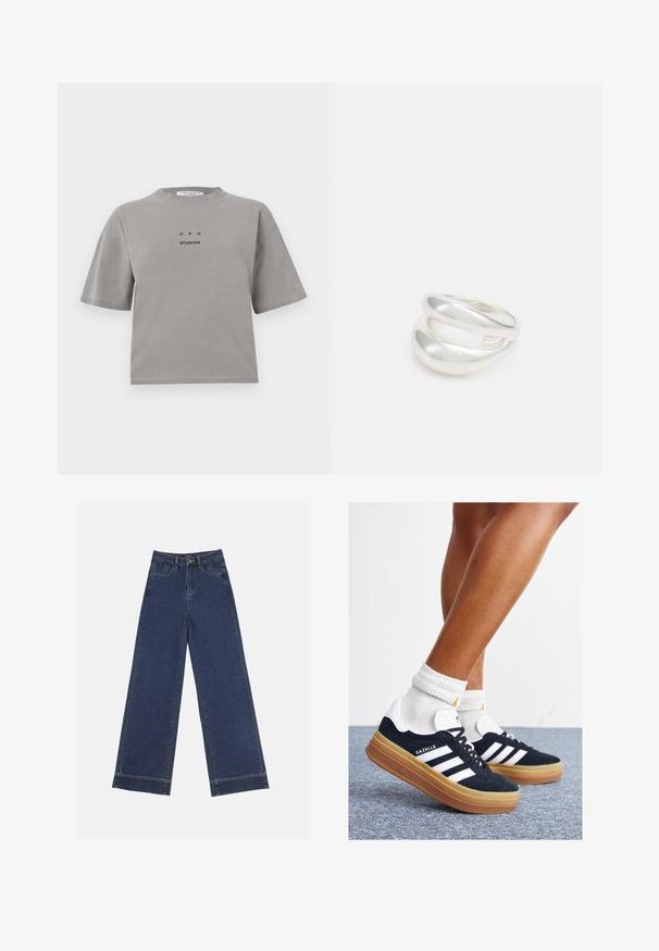 Halli puuvillane T-särk lühikeste varrukatega, ümmargune kaelus ja ees prinditud logo "GPH STUDIOS" mustas värvitoonis. Loodud mugavaks istuvuseks.; Laiad püksid tumedast sinisest denimist. Omab viit taskut, vöölõke ja toore äärega allosas, kus on nähtavad õmblused.; Mustad seemisnahast tossud valgete triipude ja detailidega, ümarate varbassosadega, kummist välistallaga, paaritatud valgete soonikuliste meessokkidega.; Hõbedane kahekordne rõngas sujuva, poleeritud pinnaga. Omab voolavat, kõverat disaini, millel on kattuvad sektsioonid, et saavutada kaasaegne ilme.