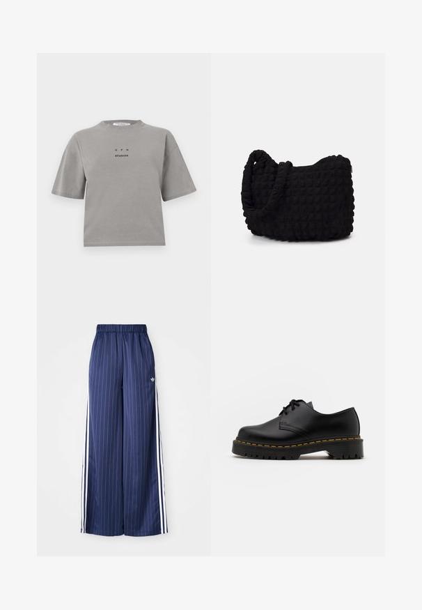 Grå bomulds t-shirt med korte ærmer, rund halsudskæring og en frontlogo med teksten "GPH STUDIOS" i sort. Afslappet pasform.; Mørkeblå brede bukser med lodrette hvide striber, elastisk talje og tre hvide striber langs hver side, lavet af et let materiale.; Sort læder snøresko med en rund tå, tekstureret gummisål og gule stikninger omkring bunden. Flad design og glat finish.; Sort stofpose med en struktureret, quilted mønster. Rund form, korte, tykke håndtag, og en blød, fleksibel struktur.