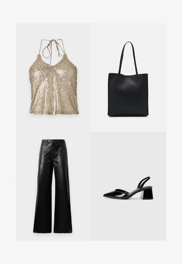 Top halterneck dourado com lantejoulas, decote em V, laços ajustáveis e superfície texturizada. Apresenta um corte solto e lantejoulas brilhantes e reflexivas por toda a parte.; Calças largas de imitação de couro pretas, de cintura alta, com botão frontal, fecho de correr, passadores de cinto e bolsos laterais sobre fundo branco.; Sandy em verniz preto com salto slingback, ponta afilada e salto geométrico. Apresenta um design elegante e minimalista com textura suave.; Bolsa tote preta em couro com textura lisa, forma retangular e duas alças longas. Sem hardware ou enfeites visíveis.