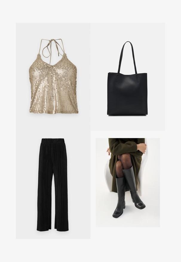 Gold sequin halter top with a V-neck, adjustable ties, and textured surface. Features a loose fit and shiny, reflective sequins throughout.; Black pleated trousers with an elastic waistband. Features wide legs and a smooth, textured fabric with vertical stripes.; Knee-high black leather boots with a squared toe and block heel, shown with a model seated in an olive green coat. Smooth texture, minimal detailing.; Black leather tote bag with smooth texture, rectangular shape, and two long handles. No visible hardware or embellishments.