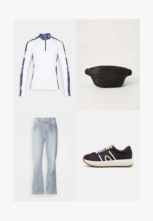 Langärmliges Sporthemd, weiß mit blauen gemusterten Ärmeln, hohem Kragen und 1/4-Reißverschluss. Verfügt über kontrastierende schwarze Streifen an den Ärmeln.; Hellblaue gestreifte Jeans mit weitem Bein, ausgestattet mit einem Knopfverschluss, frontalen Taschen und sanften Ausbleichungen am Saum.; Schwarze Sneaker mit einem weißen Design und Logo. Verfügt über eine runde Gummisohle, weiße Schnürsenkel und eine strukturierte Gummisohle.; Schwarze Stoffumhängetasche mit Reißverschluss und geprägt Logo. Rundliche Form mit glatter Textur und verstellbarem Gurt.