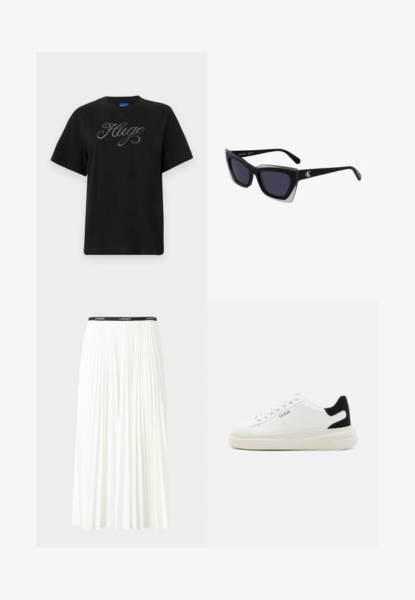 Crna pamučna majica s kratkim rukavima, sa logotipom u kurzivnom stilu ukrašenim cirkonima u centru. Tradicionalni okrugli izrez.; Nabrana bijela suknja s crnim elastičnim pojasom na kojem se nalazi logo "LACOSTE". Srednje dugačak dizajn s mekim teksturom.; Bijele kožne tenisice s debelim bijelim potplatom, crnim zamšastim akcentom na peti i ugraviranim logom sa strane. Dizajn s vezicama i šest rupa za vezivanje.; Crne oversize sunčane naočale geometrijskog oblika, s tamnim staklima i kontrastnom sivom dekoracijom na okviru. Logo na dršci.