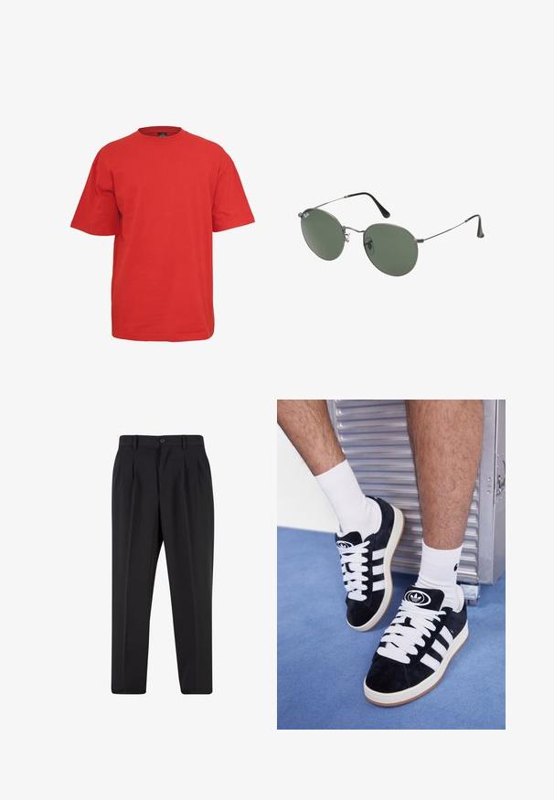 Röd bomullströja med korta ärmar, rund halsringning och lös passform. Har en enfärgad design utan mönster eller detaljer.; Svarta byxor med plisserad design framtill, tillverkade av slätt tyg. Har en knappstängning och bälteshällor; rak passform.; Svarta mockaskor med vita snören och tre vita ränder. Har en rund svart logotyp på tungan och en gumminnedgummisula.; Metallinramade solglasögon med ovala gröna linser. Tunn silvermetallram och svarta öronpluggar. Minimalistisk design, inga synliga logotyper.