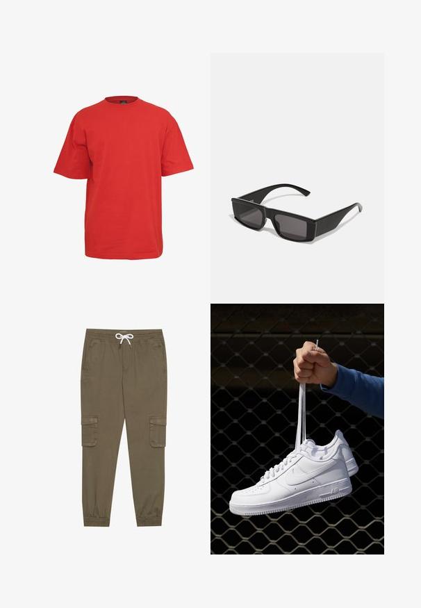 Rotes Baumwoll-T-Shirt mit kurzen Ärmeln, Rundhalsausschnitt und lockerer Passform. Hat eine einfarbige Optik ohne Muster oder Akzente.; Khaki Cargo-Hosen mit elastischem Bund und Kordelzug, aus seitlichen Taschen und umgeschlagenen Knöcheln. Hergestellt aus einem strukturierten, leichten Material.; Weiße Leder-Sneaker mit Perforationen, runder Zehenpartie, flacher Sohle und dicken Schnürsenkeln, mit sichtbar eingesticktem Swoosh-Logo und "AIR" an der Ferse.; Schwarze Sonnenbrille mit rechteckigem Rahmen und dunklen Gläsern. Aus glänzendem Kunststoff gefertigt, zeichnet sich durch ein kantiges Design und schlanke Bügel aus.