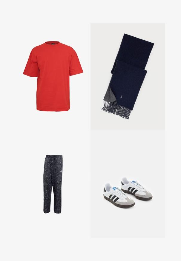 Rød bomulds T-shirt med korte ærmer, rund halsudskæring og en løs pasform. Har en ensfarvet farve uden mønstre eller detaljer.; Sorte træningsbukser med leopardmønster, der har et hvidt tre-stribet design og et atletisk mærkes logo på siden.; Sportsko med en overdel i hvid læder, grå ruskind på tåen og tre sorte striber. Har et blåt logo på tungen og en struktureret gummisål.; Mørkeblå uldhalstørklæde med grå bagside, frynser i enderne og lille broderet logo nær den ene kant.