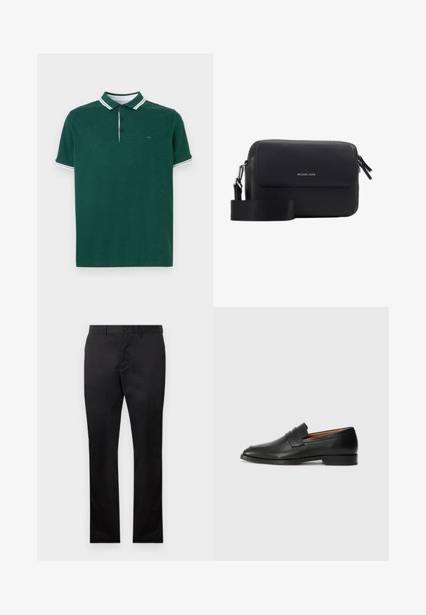 Polo tričko v tmavozelenej farbe s bielym pásikovaným golierom a rukávmi, obsahuje trojité zapínanie na gombíky, jemnú textúru a vyšitý logo na hrudi.; Čierne bavlnené nohavice so strihom rovného nohu, s predným zapínaním na gombík a bočnými vreckami, s hladkou textúrou, bez viditeľných vzorov.; Čierne kožené mokasíny s okrúhlou špičkou, jemným prešitím a nízkym podpätkom, s hladkou textúrou a minimalistickým dizajnom.; Čierna kožená crossbody taška s textúrou okrídlených štruktúr, uzáverom na klapku, strieborným logom a nastaviteľným popruhom. Kompaktný obdĺžnikový tvar.