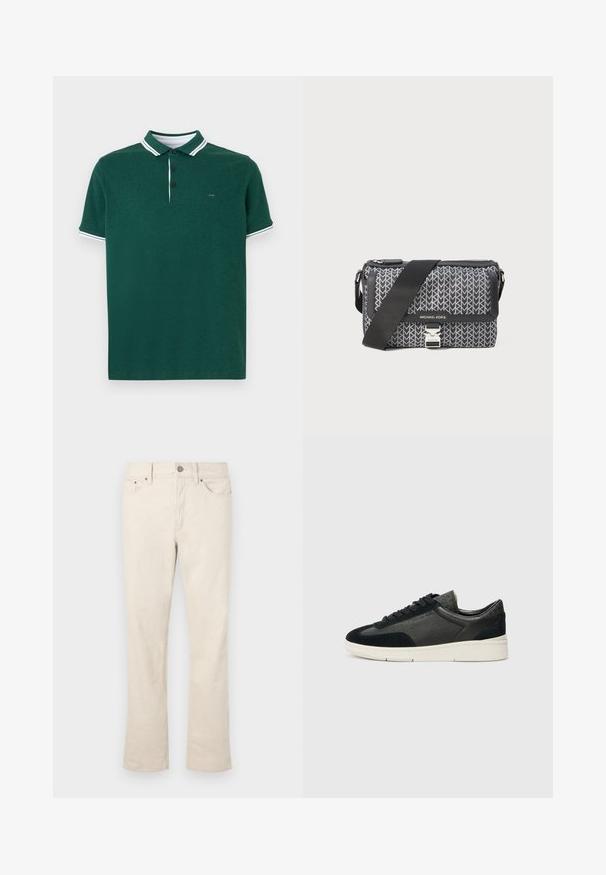 Sötétzöld poloing fehér csíkos gallérral és ujjal, három gombos nyakkal, puha tapintással és hímzett logóval a mellrészen.; Beige, pamut keverék farmernadrág, egyenes láb kialakítással. Elöl gombos és cipzáras záródással rendelkezik, öt zsebe van, és finom varrási részletei vannak.; Alacsony szárú sportcipők fekete velúrból és texturált bőrből készült kombinációval, fehér gumi talppal és fekete fűzővel. Diszkrét logó az oldalon.; Fekete és szürke mintázatú keresztbody táska, geometrikus designnal, cipzáros záródással és ezüstszínű fém kiegészítőkkel. Állítható pánt is tartozik hozzá.