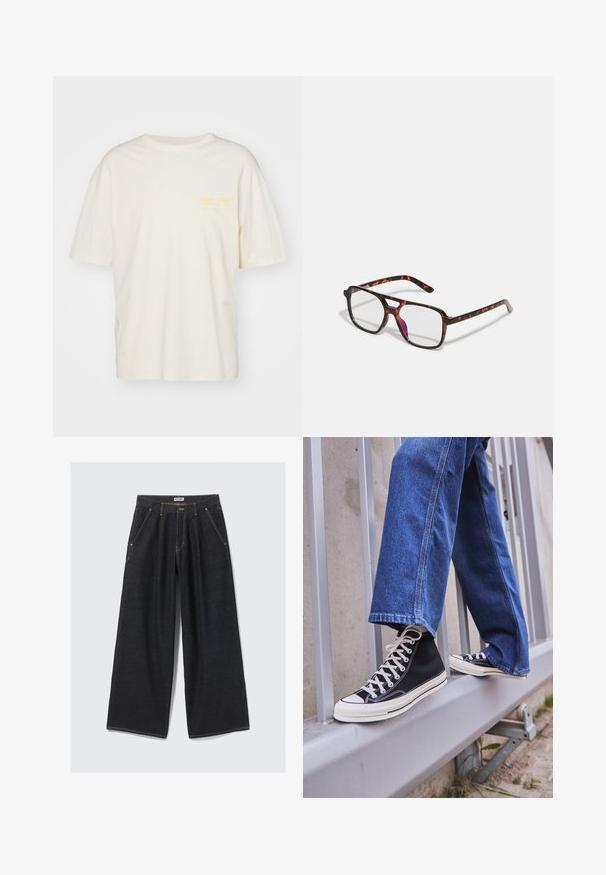 Jack & Jones JORMERCADO TEE SS CREW NECK - Print T-shirt - buttercream; Dark blue wide-leg jeans with front pleats, slanted pockets, belt loops, and a button closure at the waistband labeled "WEEKDAY."; Black high-top sneakers with white sole and laces, paired with loose blue denim jeans, resting on a gray railing.; Tortoiseshell-patterned eyeglasses with rectangular lenses, black and orange frames, featuring a glossy finish and slender temples.