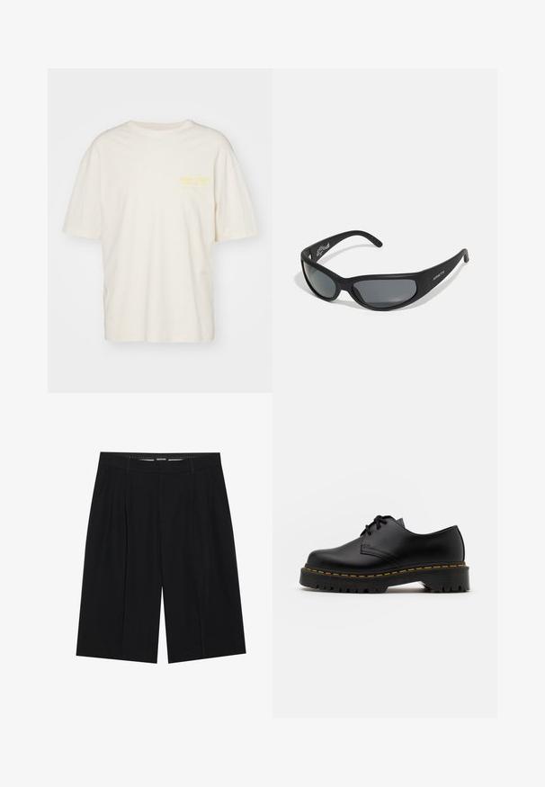 Jack & Jones JORMERCADO TEE SS CREW NECK - T-shirt imprimé - buttercream; YOURTURN SUMMERISH SUIT TROUSERS UNISEX - Short - black; Chaussure en cuir noir à lacets avec un bout arrondi, semelle en caoutchouc texturée et surpiqûre jaune autour de la base. Design plat et finition lisse.; Lunettes de soleil noires avec une monture incurvée et des verres teintés. Présente un fini mat et le nom de la marque "ARNETTE" sur le côté.