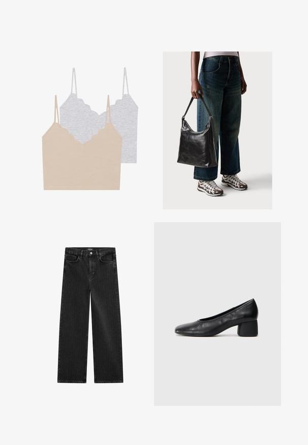 Due top a canotta: una beige e una grigia chiara. Ognuna presenta sottili spalline e un collo a scallop, realizzate in un morbido e elastico tessuto.; Jeans in denim nero a gamba larga con un sottile motivo a righe verticali, dotati di cinque tasche e una chiusura a bottone classica in vita.; Pantofole nere in pelle con punta arrotondata e tacco medio a blocco. Texture liscia con dettagli minimi, caratterizzata da un'apertura elastica sottile.; Borsa a tracolla nera in pelle con una texture liscia e tracolla regolabile, abbinata a jeans ampi sbiaditi e sneakers sportive.