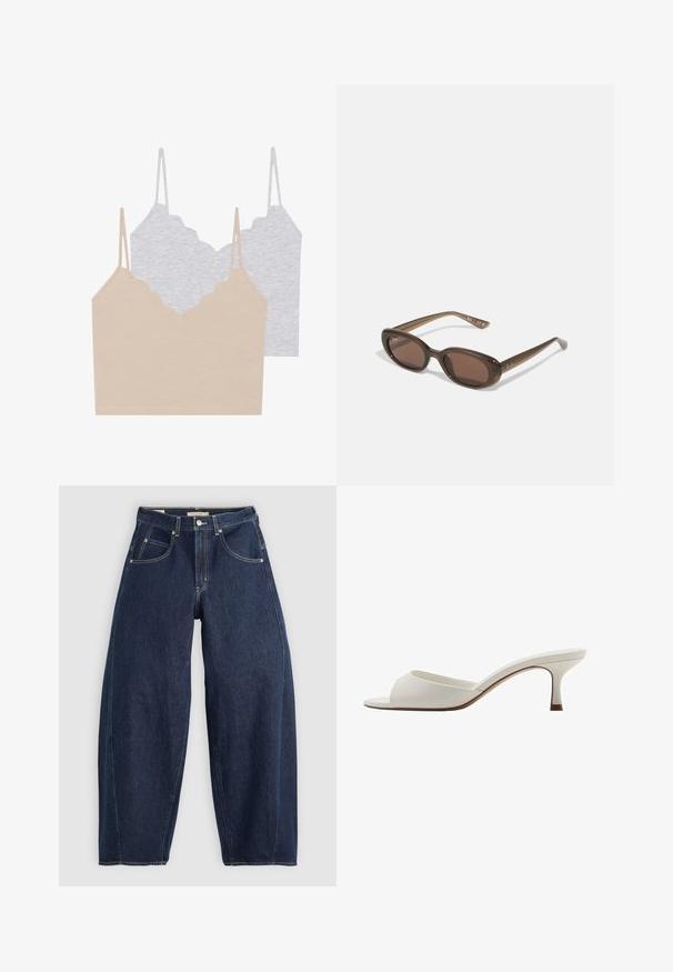 Dwie bluzki na ramiączkach: beżowa i jasnoszara. Każda z nich ma cienkie ramiączka oraz wykończenie dekoracyjne przy dekolcie, wykonana jest z miękkiego, elastycznego materiału.; Granatowe dżinsy o luźnym kroju, z jasnym przeszyciem, pięcioma kieszeniami i zapięciem na guziki w pasie.; Białe, otwarte na palcach mule na wysokim obcasie o gładkim wykończeniu, minimalistycznym designie i smukłym obcasie, z subtelnym brązowym akcentem na podeszwie.; Brązowe, owalne okulary przeciwsłoneczne z ciemnymi soczewkami. Rama wykonana jest z przezroczystego brązowego materiału i ma logo nadrukowane na zausznikach.; Zielona skórzana torebka o gładkiej teksturze, zaokrąglonym kształcie i plecionym uchwycie. Posiada zamek błyskawiczny i regulowany pasek.