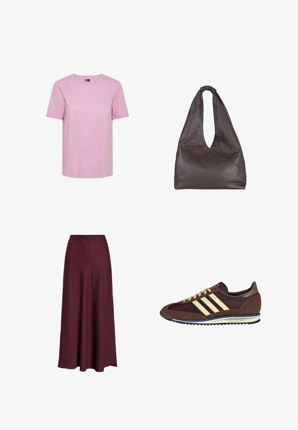 Pieces PCRIA SOLID TEE - Basic T-shirt - pastel lavender; Burgundy satin maxi skirt with a smooth texture, high waist, and a flowing silhouette that flares out gently towards the hemline.; Brown and burgundy sneaker with suede and mesh materials, featuring three cream stripes, textured fabric on the tongue, and a rubber sole.; Brown leather bag with a slouchy, oversized design. Features a loop handle and a deep V-cut opening for easy access. Soft texture, minimalist style.