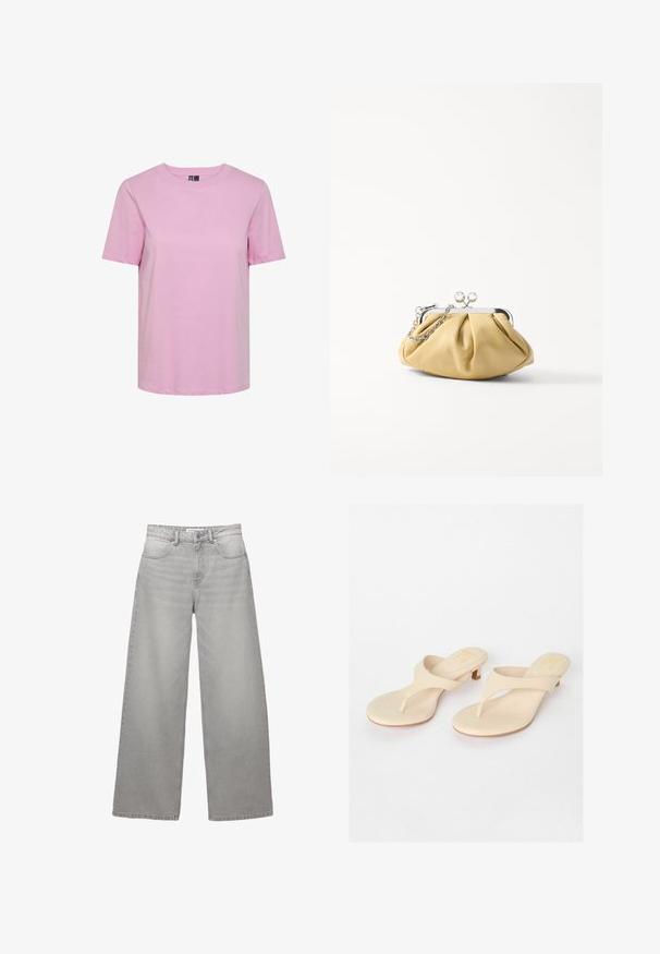 Pieces PCRIA SS SOLID TEE NOOS - Basic póló - pastel lavender; Széles szárú, szürke farmernadrág magas derékkal, öt zsebbel, cipzáras résszel és látható varrással. Puha tapintású, megfakult felület.; Beige tanga szandál sima szintetikus felsőrészsel és kis tömbsarkúval. Minimalista design, lábujj-párnával és lekerekített talppal.; Sárga plissé anyagú clutch, ezüst fém kerettel, két kerek zárszerkezettel a tetején, és egy ezüst lánc pánttal. Simogató, sima textúra.
