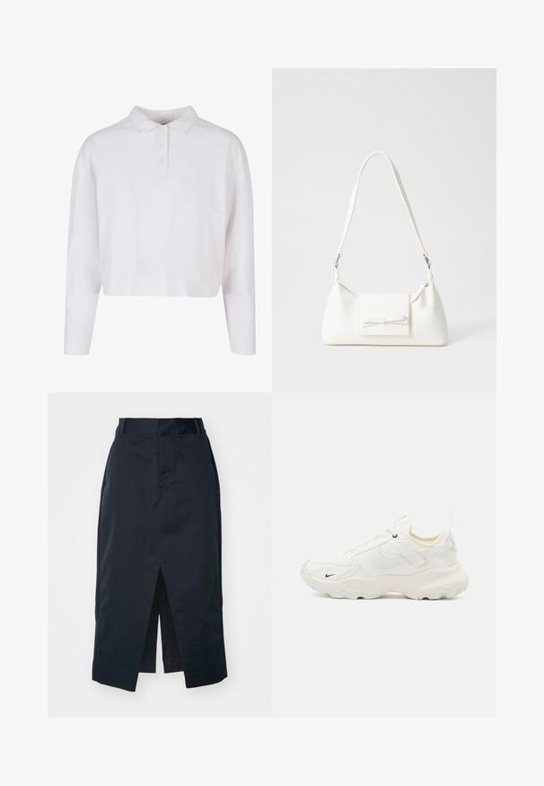 Witte, cropped polo shirt met lange mouwen, een omklapbare kraag, een knoopsluiting en een gladde katoenachtige textuur. Geen patronen of accenten.; Donker marineblauwe midi-rok van een katoenmix, met een valse split, verborgen rits en zijzakken voor functionaliteit.; Witte sportieve schoen met een netstructuur bovenkant, ronde neus, opvallende zool en een klein zwart swoosh-logo. Lichtbeige accenten en veter.; Witte synthetische handtas met een driehoekige vorm, platte voorklep en strikdetail, verstelbare schouderriem, gladde textuur en minimalistisch ontwerp.