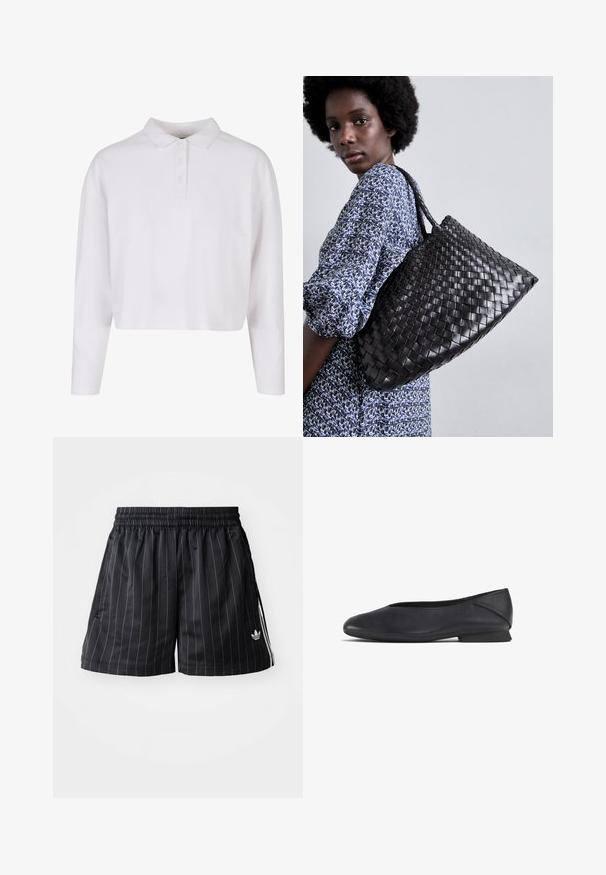 Witte, cropped polo shirt met lange mouwen, een omklapbare kraag, een knoopsluiting en een gladde katoenachtige textuur. Geen patronen of accenten.; Zwarte sportshorts met witte verticale strepen, elastische tailleband en zijzakken. Bevat een merklogo in het wit aan de onderzijde links.; Zwarte leren platte schoen met ronde teen en lage hak, ontworpen voor casual of formele gelegenheden.; DRAGON DIFFUSION SANTA CROCE BIG - Handtas - black