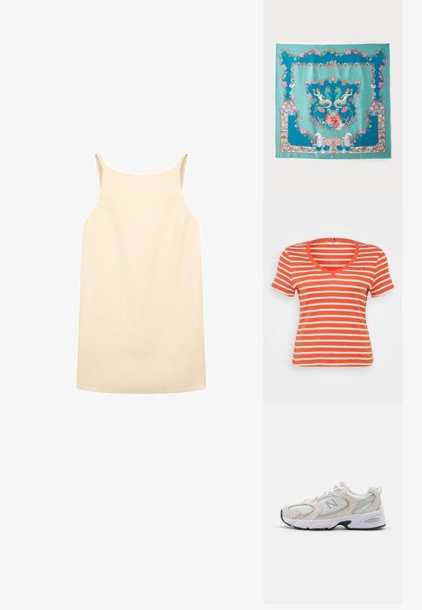 Czerwono-biały, w paski, krótki rękaw T-shirt z dekoltem w serek i małym logo po lewej stronie klatki piersiowej. Wykonany z miękkiego, elastycznego materiału.; Beżowa sukienka bez rękawów o luźnym kroju, wykonana z gładkiego materiału, z cienkimi ramiączkami i prostym wykończeniem dołu.; Buty sportowe z jasnoszarym meshem i zamszowymi akcentami, białymi sznurówkami i czarną gumową podeszwą. Zauważalny detal poduszek ABZORB.; Turkusowy jedwabny szalik z misternymi wzorami morskim, w tym syrenami, muszlami i koralowcami, oprawiony ozdobną ramką.; Woven straw tote bag o szerokim, stożkowatym kształcie, z dwoma czarnymi skórzanymi uchwytami. Naturalny beżowy kolor o fakturowej powierzchni.