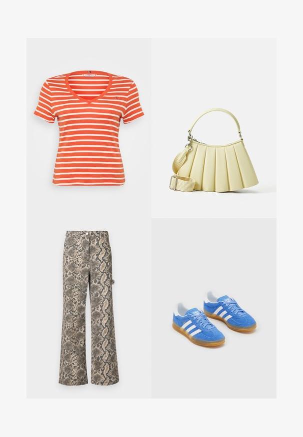 Rød- og hvidstribet kortærmet T-shirt med V-hals og et lille logo på venstre bryst. Fremstillet af et blødt, strækbart materiale.; Bredde bukser i et faux slangeskindsdesign med nuancer af tan og sort, der har en glat struktur og standard talje.; Blå ruskinds sportsko med hvide stribede detaljer, gummisål og polstret krave for komfort. Har klassisk snørebåndsdesign.; Plisseret håndtaske i blødt gult materiale med et buet håndtag. Har en aftagelig og justerbar rem samt en glat tekstur med minimalt hardware.