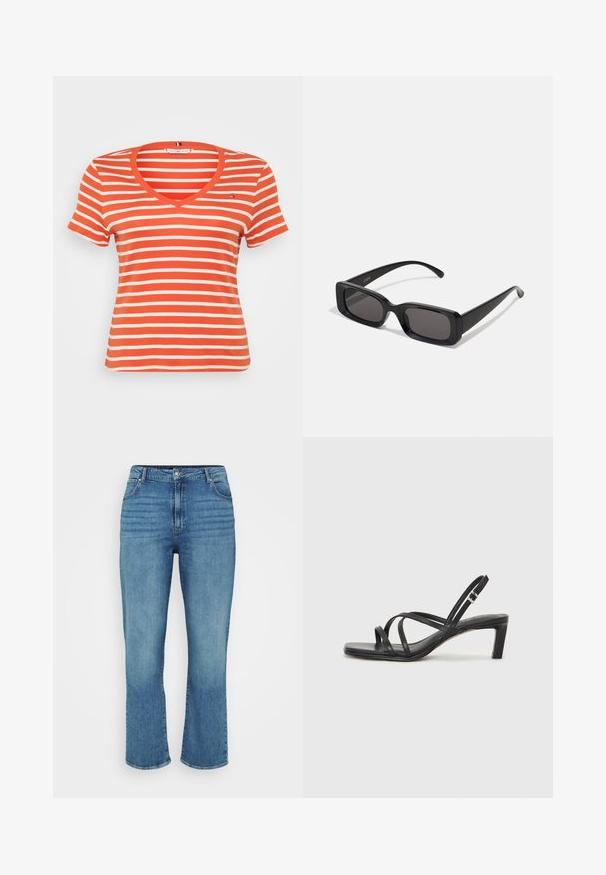 Crveno-bijela prugasta kratkosti rukava majica s V-izrezom i malim logotipom na lijevoj strani prsnog koša. Izrađena od mekog, rastezljivog materijala.; Svijetloplave traperice s ravnim nogavicama, koje imaju pet džepova, petlje za remen i suptilno izblijedjele prednje dijelove.; Crne sandale s trakama, kvadratnim prstom i niskom blok petom. Ima više tankih trakica i podesivu trakicu oko gležnja. Izrađene su od glatke kože.; Crne pravokutne sunčane naočale s tamnim lećama, sjajnim završetkom, širokim drškama i masivnim okvirom. Ugraviran naziv branda na jednoj dršci.; Srebrna dvostruka prsten s glatkom, poliranom površinom. Karakterizira ga fluidan, zakrivljen dizajn s preklapajućim sekcijama za moderan izgled.