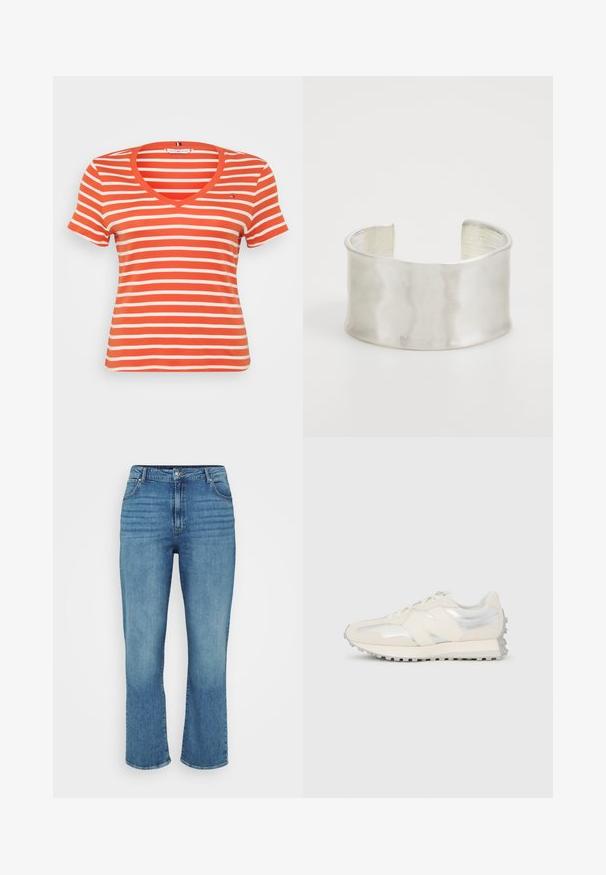 Röd och vit randig kortärmad T-shirt med V-hals och en liten logotyp på vänster bröst. Tillverkad av ett mjukt, elastiskt material.; Ljusblå denimjeans med rak bendesign, med fem fickor, bältesslingor och subtil blekning på framsidan.; Lågprofil sneaker i kräm och silver med snören och texturerad sula, sedd från sidan mot en enfärgad vit bakgrund.; Zign Armband - silver-coloured