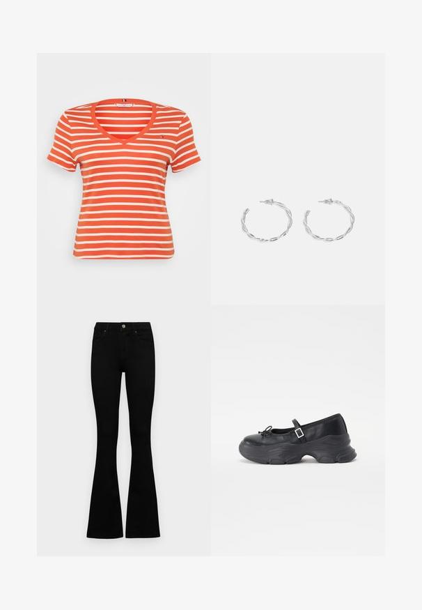 Rot-weiß gestreiftes kurzärmeliges T-Shirt mit V-Ausschnitt und kleinem Logo auf der linken Brust. Hergestellt aus einem weichen, dehnbaren Material.; Schwarze hochtaillierte Jeans mit einem Knopf- und Reißverschluss, Fronttaschen und ausgestellten Beinen, flach auf einem weißen Hintergrund ausgelegt.; Schwarze Leder-Mary-Jane-Schuhe mit einer abgerundeten Zehenpartie, Schleifendetail und verstellbarem Knöchelriemen. Mit einer stabilen Gummisohle mit geschwungenen Akzenten.; Silberne Creolen mit gedrehter Gestaltung, ausgestattet mit einer polierten Oberfläche und einer Steckverschluss. Sie haben einen Durchmesser von ca. 3 cm.