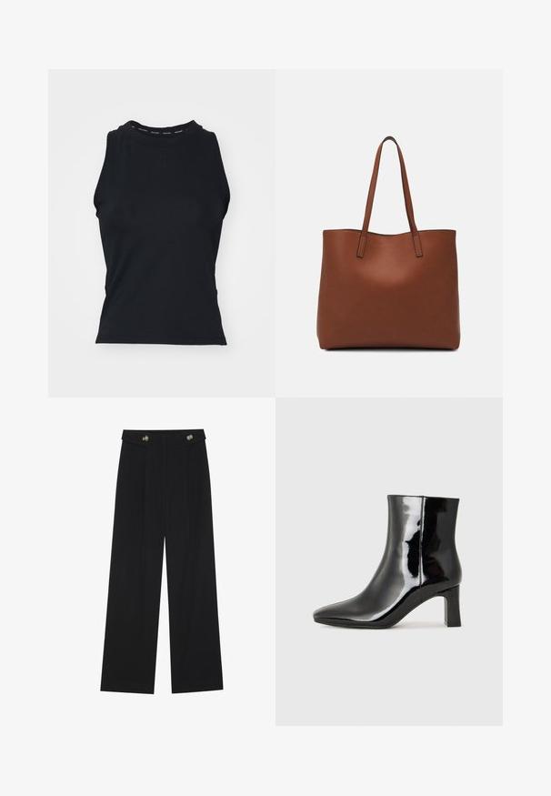 Black sleeveless top with a high neckline. Made from a smooth, stretchy fabric featuring a logo printed on the collar. Minimalist design.; Black wide-leg trousers with high waist, button details on waistband, and front pleats.; Black patent leather ankle boot with a pointed toe and a mid-height block heel. Smooth texture and minimalist design.; Brown leather tote bag with a smooth texture, open top design, and two shoulder straps. Features minimal stitching and no visible hardware.